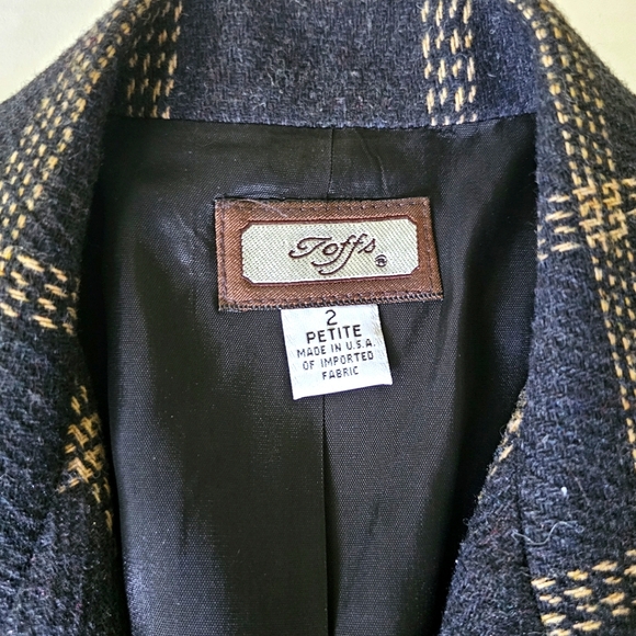 Toffs vintage wool blend blazer size 2 petite charcoal gray plaid single button - Picture 9 of 11